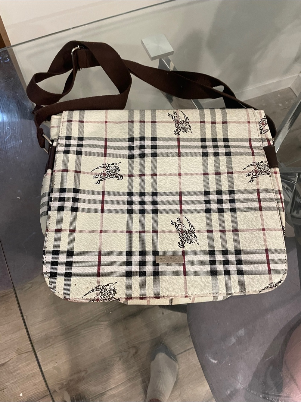 Plaid Messenger Crossbody Bag with Brown Strap - White/Brown